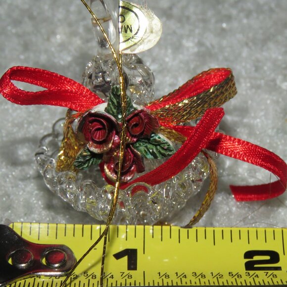 Vintage Clear Glass Holiday Christmas Candle Ornament w/Handle Red Roses Ribbon - Picture 10 of 16